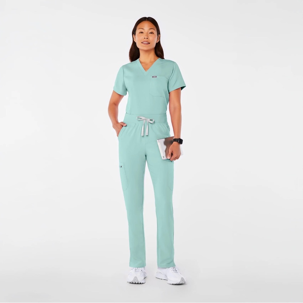 Figs Set High Waisted Yola Skinny Scrub Pants & Catarina Scrub Top in Seaglass